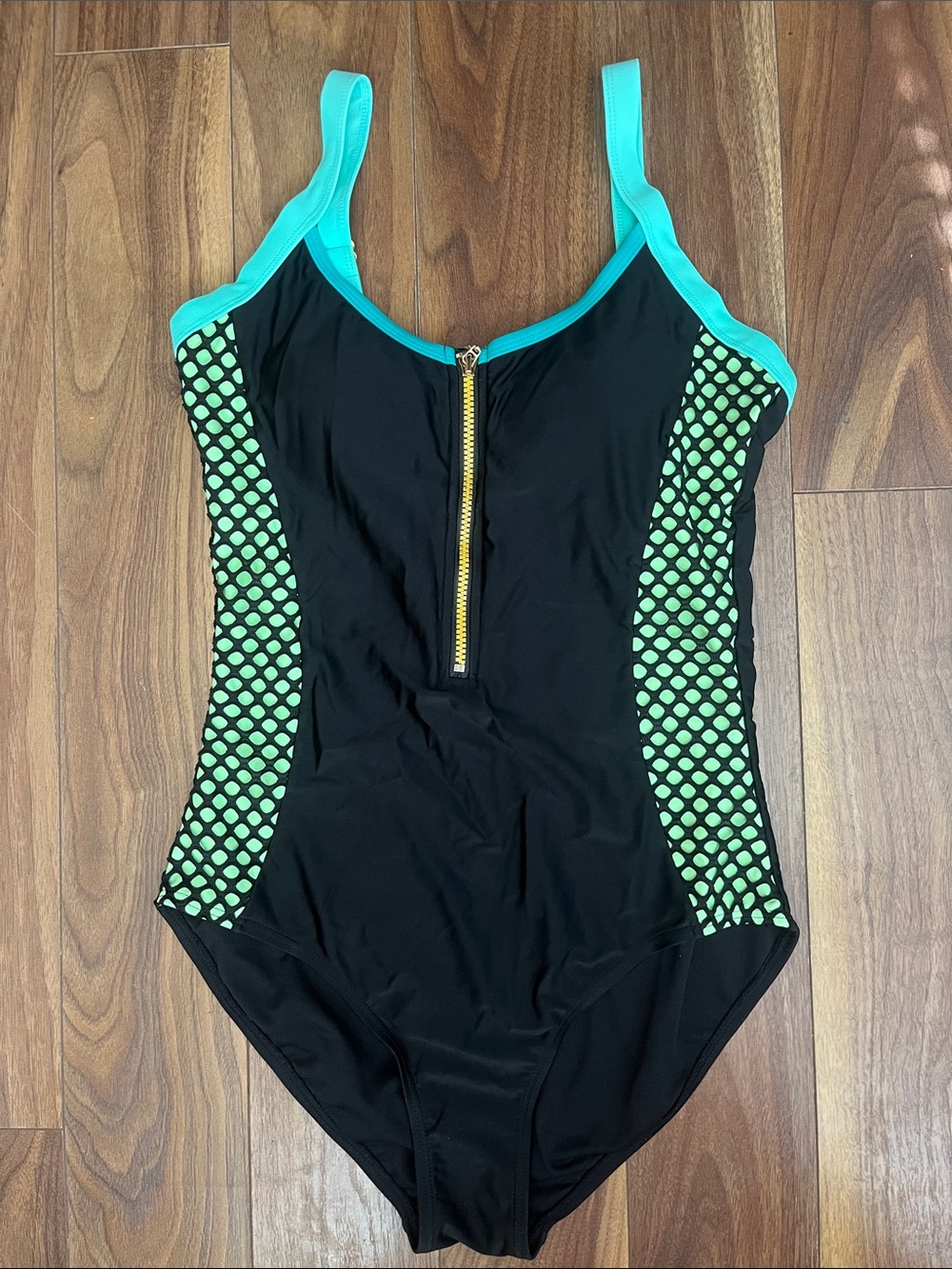 Swimsuits For All Black One-Piece with Mint Trim and Gold Zip Sexy adjustable